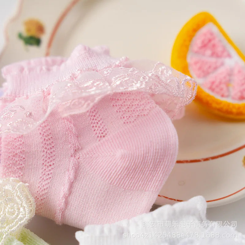 Spring Summer Breathable Cotton Lace Ruffle Princess Cute Thin Mesh Socks Children Ankle Short Sock Solid White Baby Girls Kids