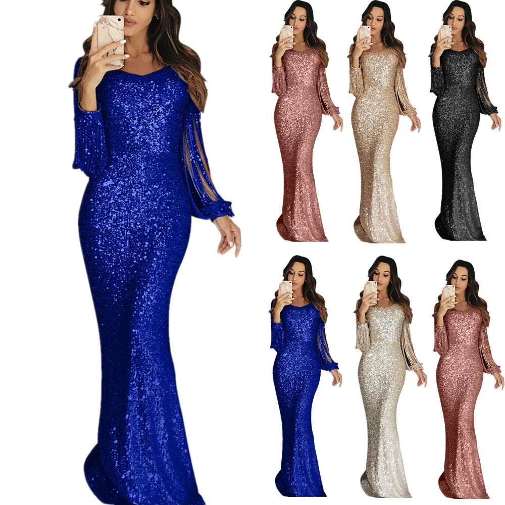 vestido sequin dress Long Evening Party Dresses Women Tassel Sequin Crystal Luxury Rhinestone Plus Size Elegant Dress XL Hot Sal