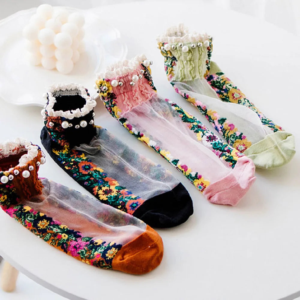 Embroidery Flowers Socks Transparent Lace Mesh Pearl Beads Glass Socks Net Yarn Thin Women Gauze Sock