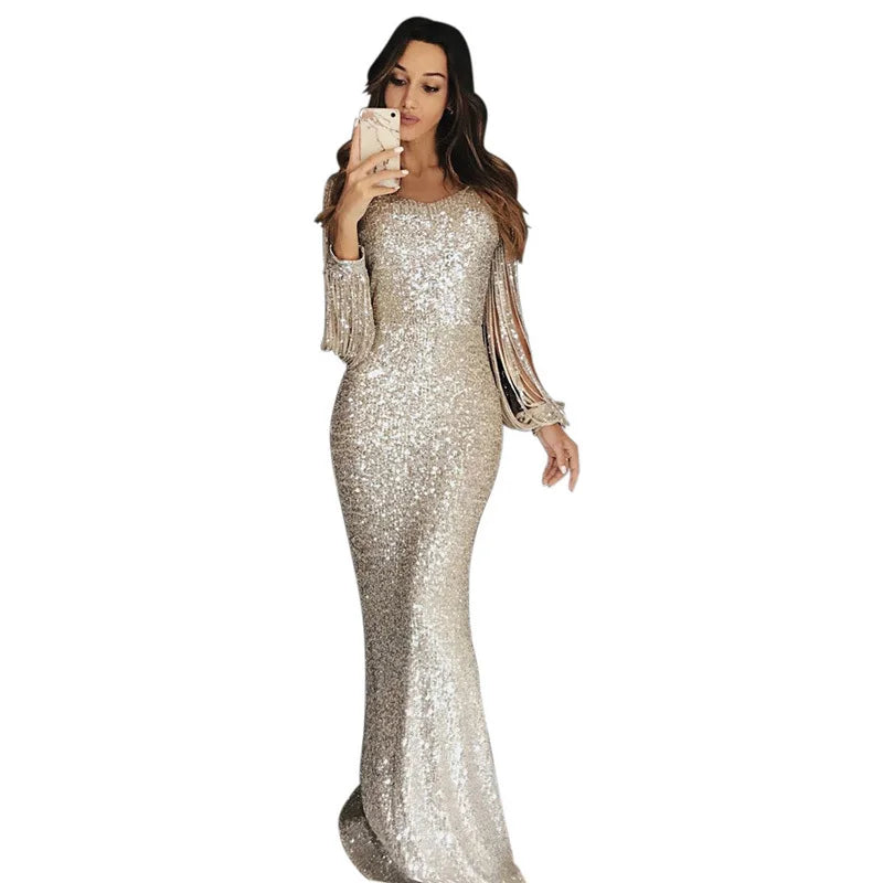 vestido sequin dress Long Evening Party Dresses Women Tassel Sequin Crystal Luxury Rhinestone Plus Size Elegant Dress XL Hot Sal