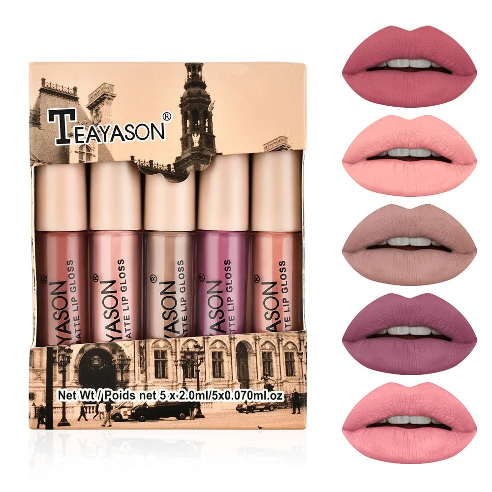 5pcs/set Matte Lip Gloss kit Velvet Natural Moisturizing Waterproof Long Lasting Liquid Lipstick Gift Box Lip Makeup cosmetics