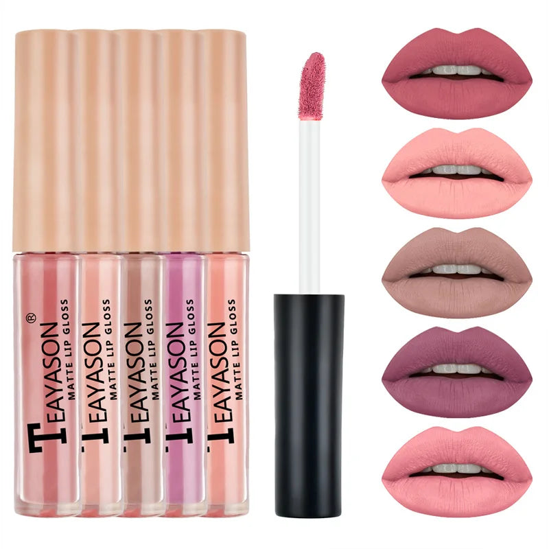 5pcs/set Matte Lip Gloss kit Velvet Natural Moisturizing Waterproof Long Lasting Liquid Lipstick Gift Box Lip Makeup cosmetics