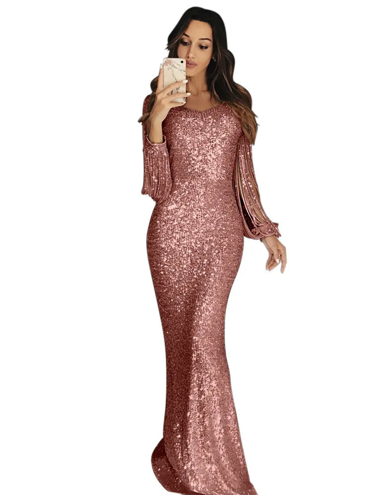 vestido sequin dress Long Evening Party Dresses Women Tassel Sequin Crystal Luxury Rhinestone Plus Size Elegant Dress XL Hot Sal