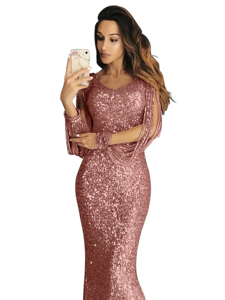 vestido sequin dress Long Evening Party Dresses Women Tassel Sequin Crystal Luxury Rhinestone Plus Size Elegant Dress XL Hot Sal