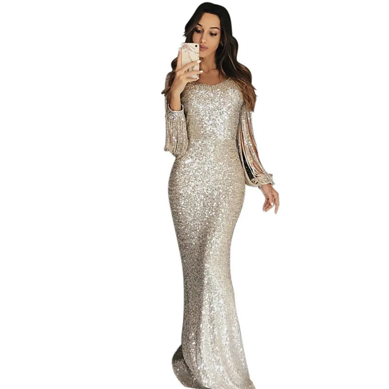 vestido sequin dress Long Evening Party Dresses Women Tassel Sequin Crystal Luxury Rhinestone Plus Size Elegant Dress XL Hot Sal