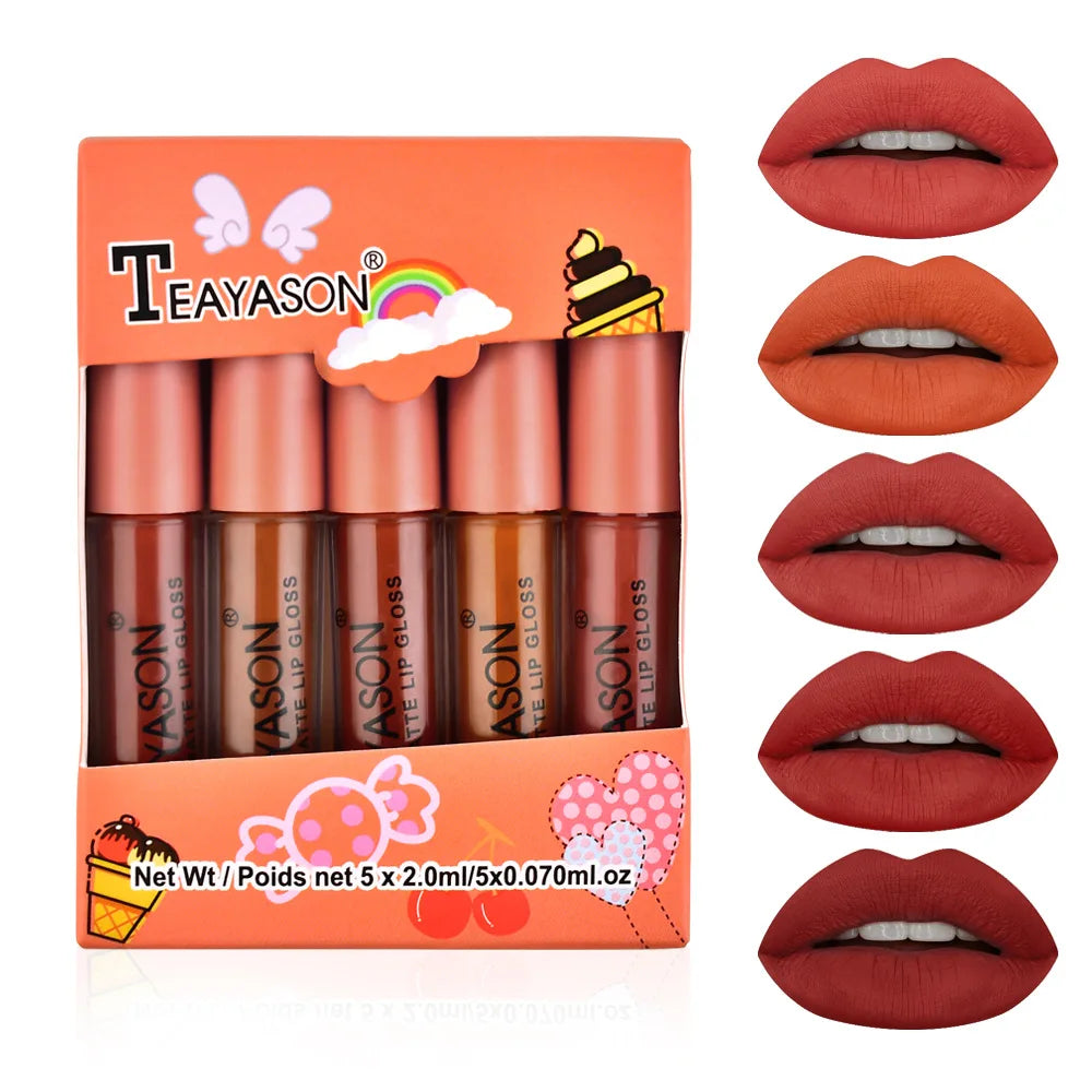5pcs/set Matte Lip Gloss kit Velvet Natural Moisturizing Waterproof Long Lasting Liquid Lipstick Gift Box Lip Makeup cosmetics