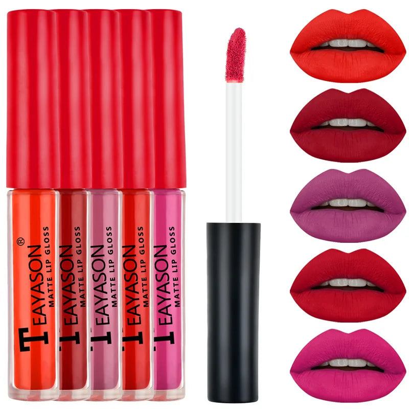 5pcs/set Matte Lip Gloss kit Velvet Natural Moisturizing Waterproof Long Lasting Liquid Lipstick Gift Box Lip Makeup cosmetics