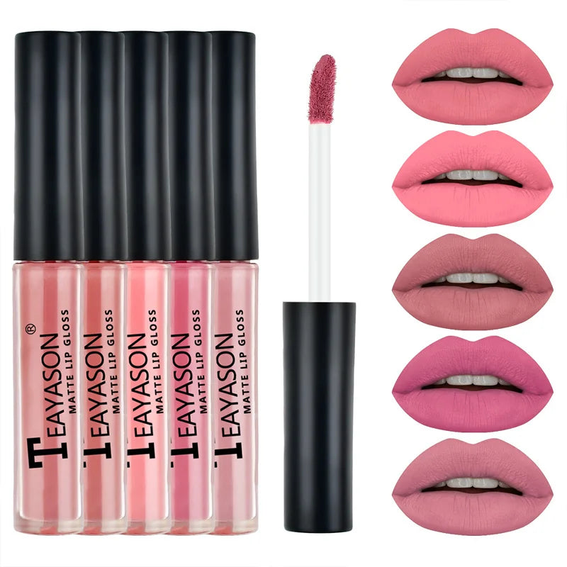 5pcs/set Matte Lip Gloss kit Velvet Natural Moisturizing Waterproof Long Lasting Liquid Lipstick Gift Box Lip Makeup cosmetics