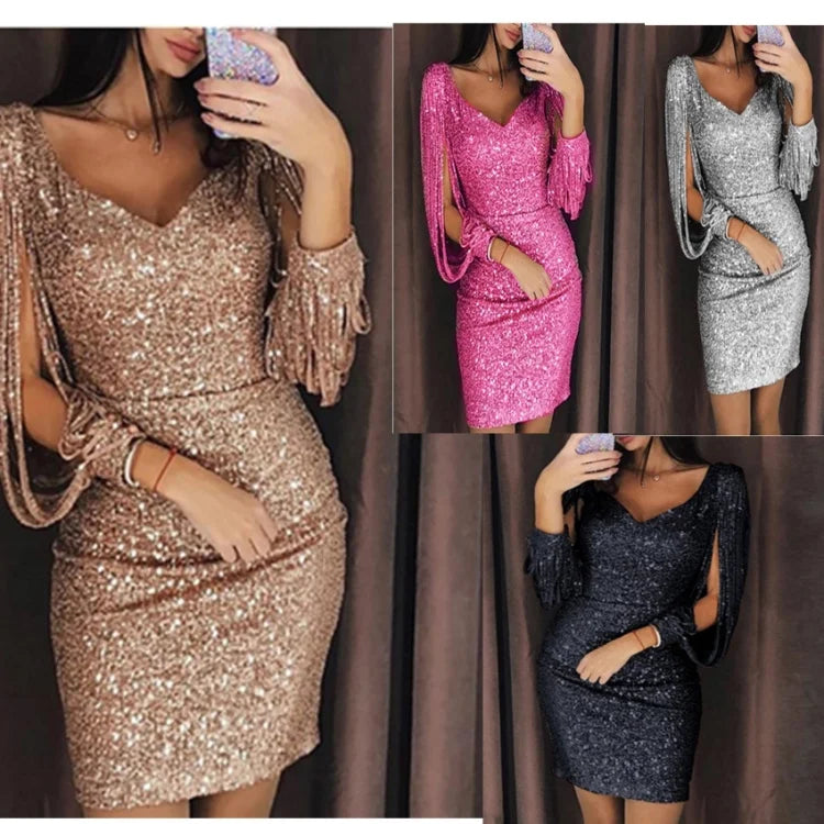 Women Dress Three Quarter Sleeve Rose Gold Sexy Club Dress Ladies V-neck Evening Mini Party Dresses Vestidos 13526