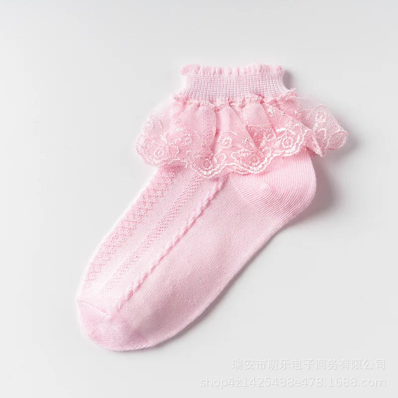 Spring Summer Breathable Cotton Lace Ruffle Princess Cute Thin Mesh Socks Children Ankle Short Sock Solid White Baby Girls Kids