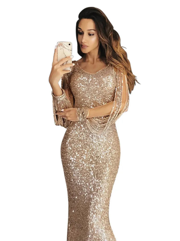 vestido sequin dress Long Evening Party Dresses Women Tassel Sequin Crystal Luxury Rhinestone Plus Size Elegant Dress XL Hot Sal