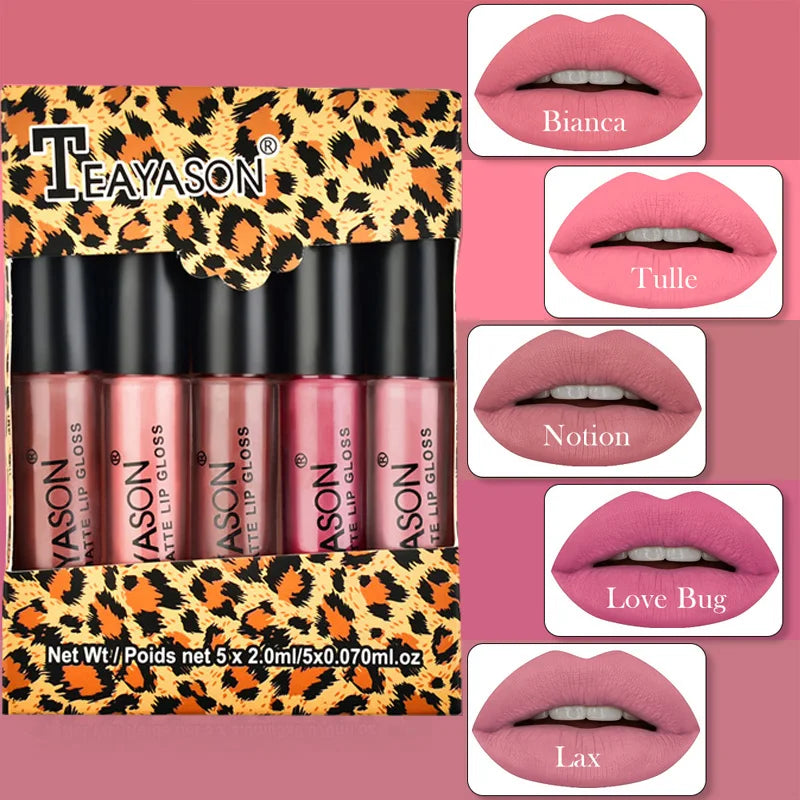 5pcs/set Matte Lip Gloss kit Velvet Natural Moisturizing Waterproof Long Lasting Liquid Lipstick Gift Box Lip Makeup cosmetics