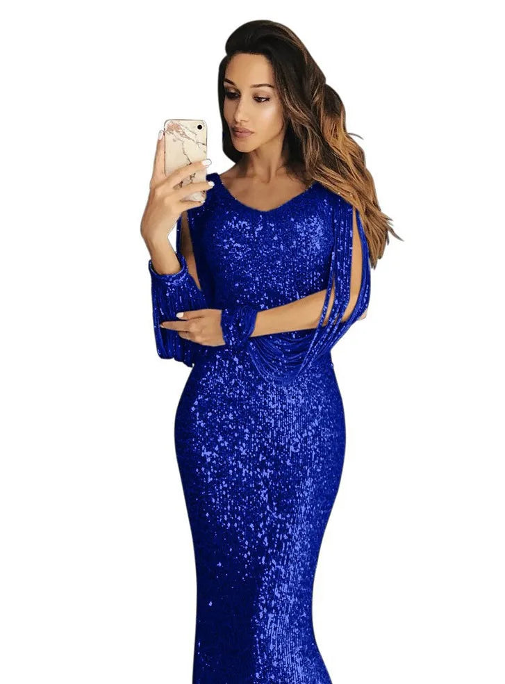 vestido sequin dress Long Evening Party Dresses Women Tassel Sequin Crystal Luxury Rhinestone Plus Size Elegant Dress XL Hot Sal
