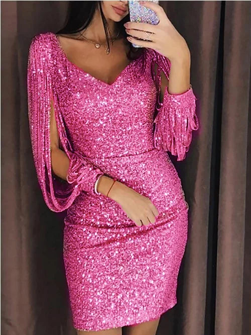 Women Dress Three Quarter Sleeve Rose Gold Sexy Club Dress Ladies V-neck Evening Mini Party Dresses Vestidos 13526