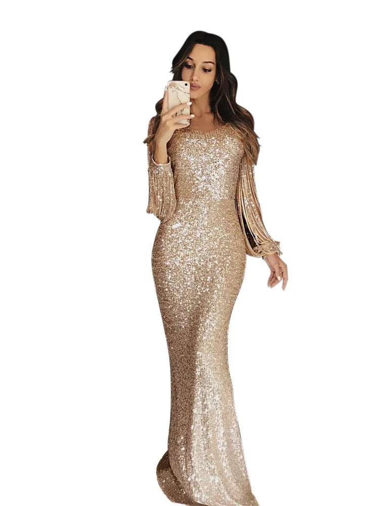 vestido sequin dress Long Evening Party Dresses Women Tassel Sequin Crystal Luxury Rhinestone Plus Size Elegant Dress XL Hot Sal