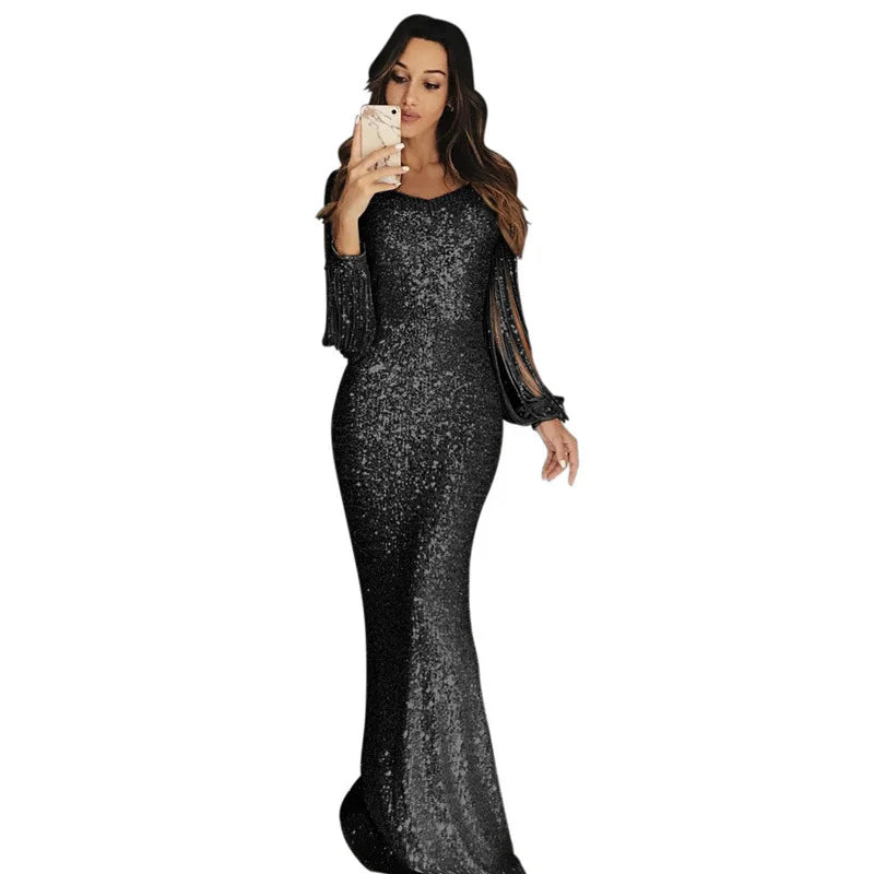 vestido sequin dress Long Evening Party Dresses Women Tassel Sequin Crystal Luxury Rhinestone Plus Size Elegant Dress XL Hot Sal
