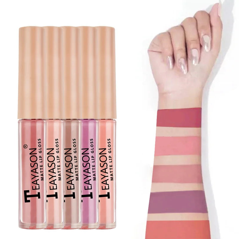 5pcs/set Matte Lip Gloss kit Velvet Natural Moisturizing Waterproof Long Lasting Liquid Lipstick Gift Box Lip Makeup cosmetics
