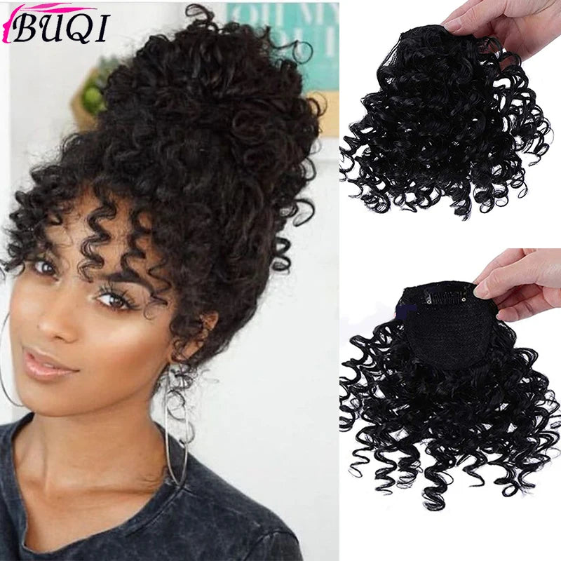 BUQI Fake Fringe Kinky Curly Clip in Bangs Wig False Natural Hair Bangs Synthetic Hair Pieces For Fashion Women
