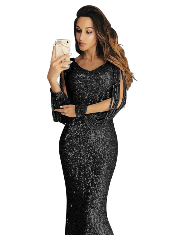 vestido sequin dress Long Evening Party Dresses Women Tassel Sequin Crystal Luxury Rhinestone Plus Size Elegant Dress XL Hot Sal