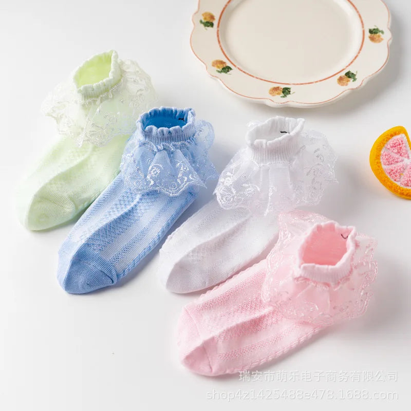 Spring Summer Breathable Cotton Lace Ruffle Princess Cute Thin Mesh Socks Children Ankle Short Sock Solid White Baby Girls Kids