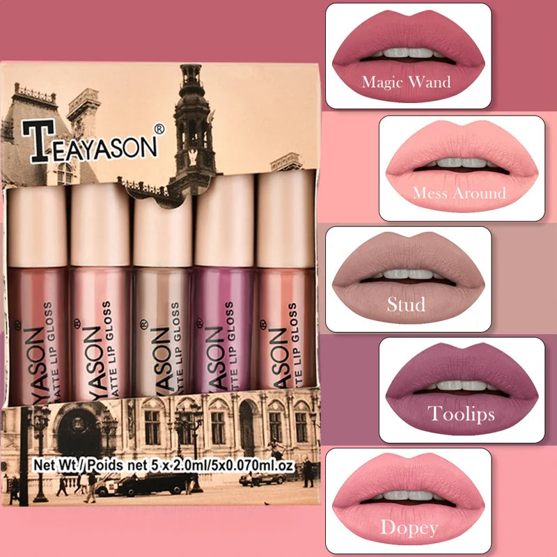 5pcs/set Matte Lip Gloss kit Velvet Natural Moisturizing Waterproof Long Lasting Liquid Lipstick Gift Box Lip Makeup cosmetics
