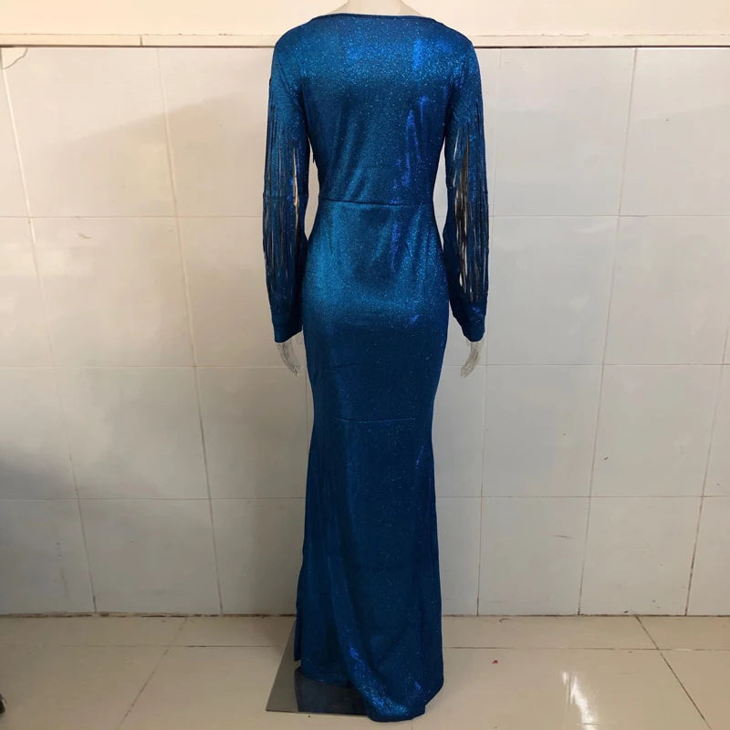 vestido sequin dress Long Evening Party Dresses Women Tassel Sequin Crystal Luxury Rhinestone Plus Size Elegant Dress XL Hot Sal