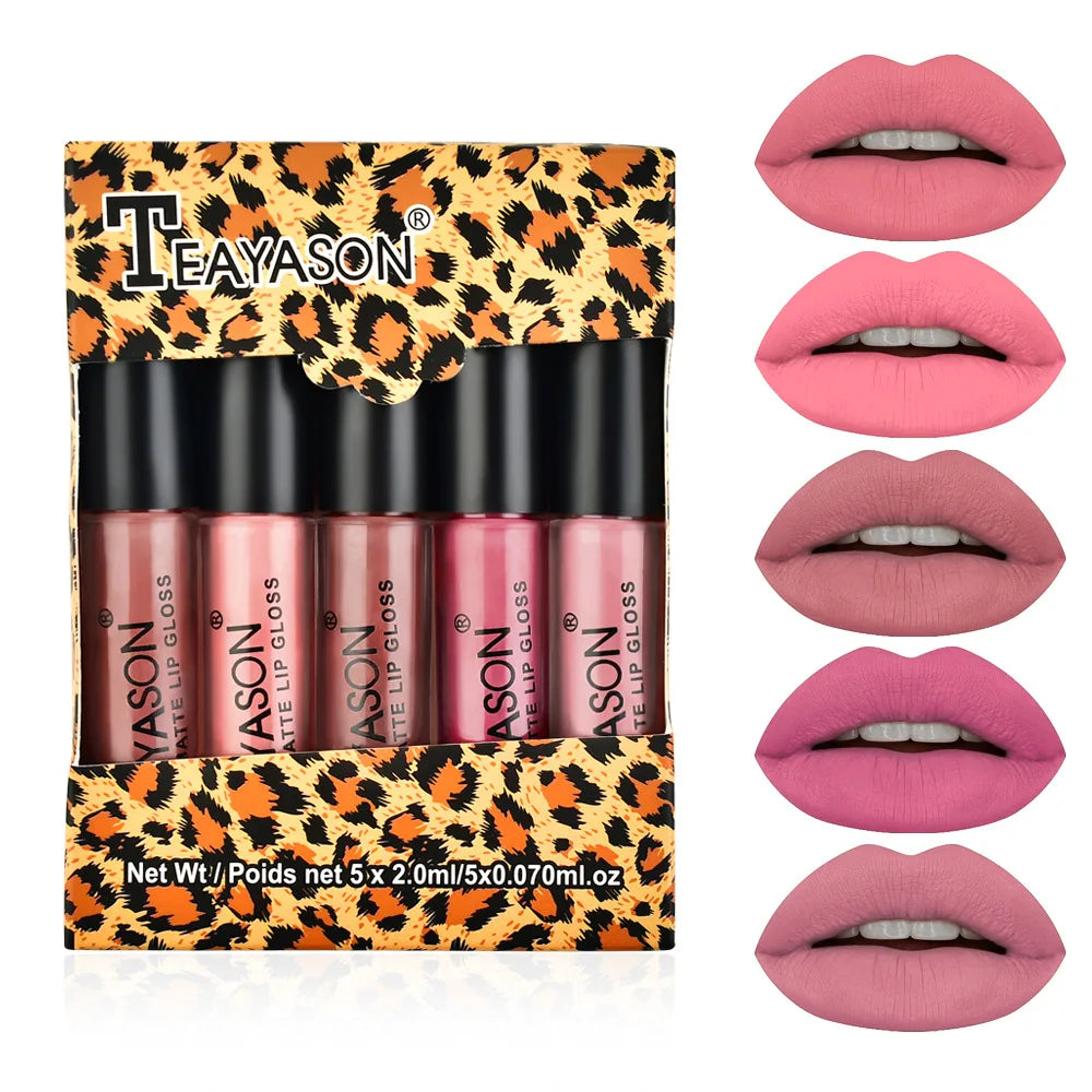 5pcs/set Matte Lip Gloss kit Velvet Natural Moisturizing Waterproof Long Lasting Liquid Lipstick Gift Box Lip Makeup cosmetics