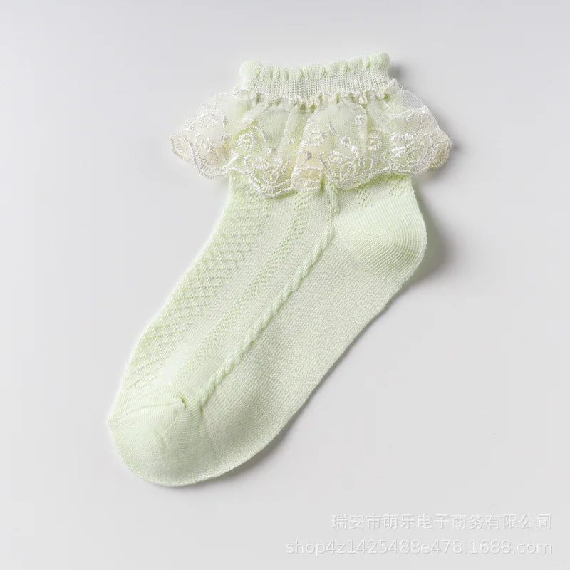 Spring Summer Breathable Cotton Lace Ruffle Princess Cute Thin Mesh Socks Children Ankle Short Sock Solid White Baby Girls Kids