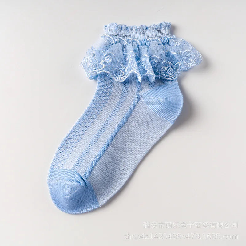 Spring Summer Breathable Cotton Lace Ruffle Princess Cute Thin Mesh Socks Children Ankle Short Sock Solid White Baby Girls Kids