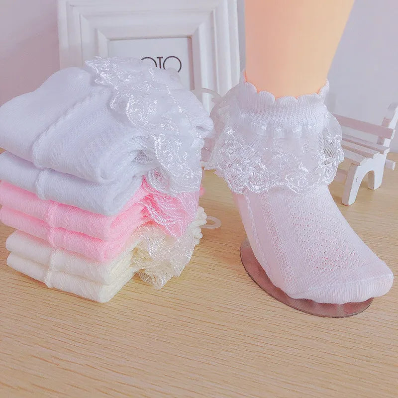 Spring Summer Breathable Cotton Lace Ruffle Princess Cute Thin Mesh Socks Children Ankle Short Sock Solid White Baby Girls Kids