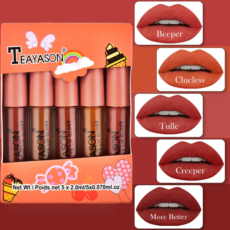 5pcs/set Matte Lip Gloss kit Velvet Natural Moisturizing Waterproof Long Lasting Liquid Lipstick Gift Box Lip Makeup cosmetics