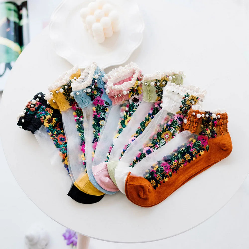 Embroidery Flowers Socks Transparent Lace Mesh Pearl Beads Glass Socks Net Yarn Thin Women Gauze Sock