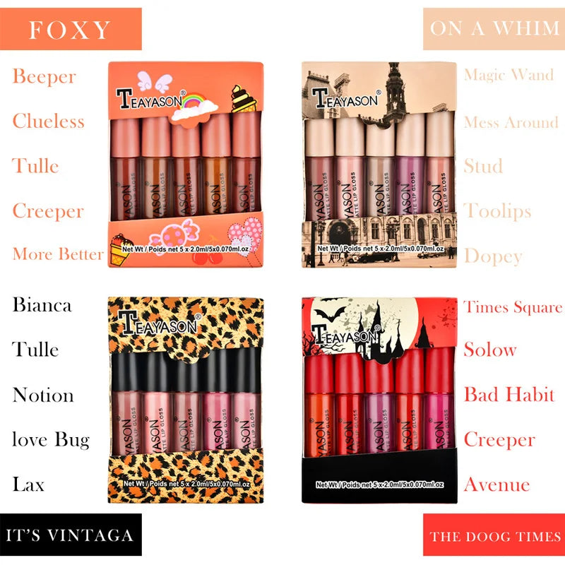 5pcs/set Matte Lip Gloss kit Velvet Natural Moisturizing Waterproof Long Lasting Liquid Lipstick Gift Box Lip Makeup cosmetics
