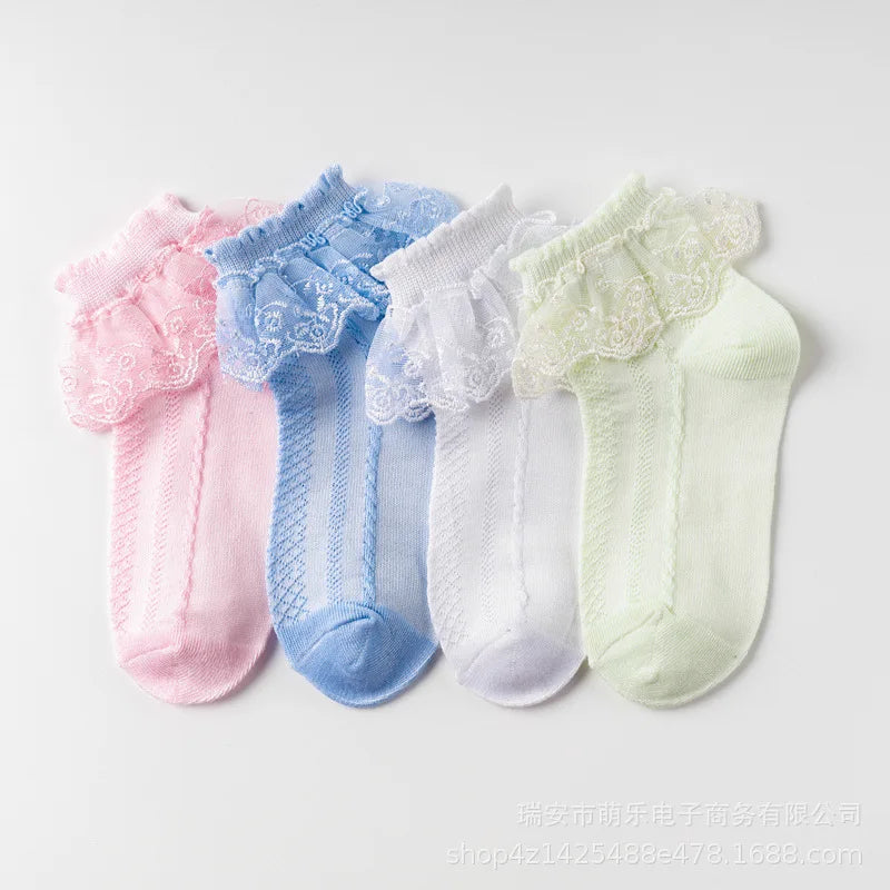 Spring Summer Breathable Cotton Lace Ruffle Princess Cute Thin Mesh Socks Children Ankle Short Sock Solid White Baby Girls Kids