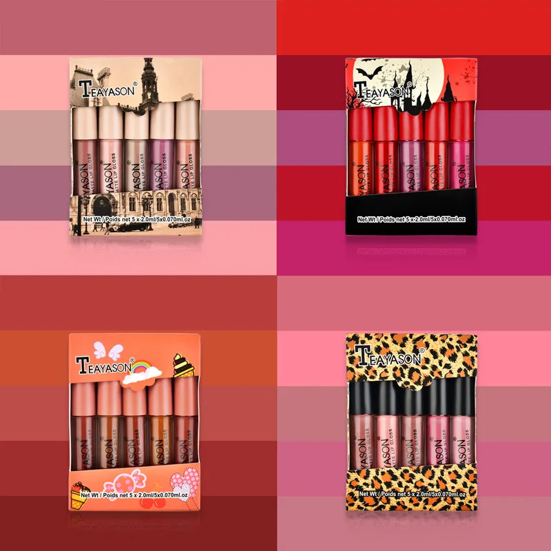 5pcs/set Matte Lip Gloss kit Velvet Natural Moisturizing Waterproof Long Lasting Liquid Lipstick Gift Box Lip Makeup cosmetics