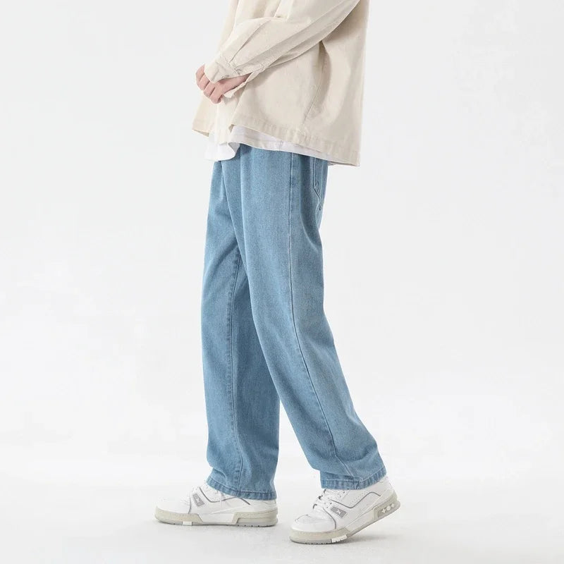 New Korean Fashion Men's Casual Ankle-Length Jeans Classic Man Straight Denim Wide-leg Pants Light Blue Grey Black 3XL