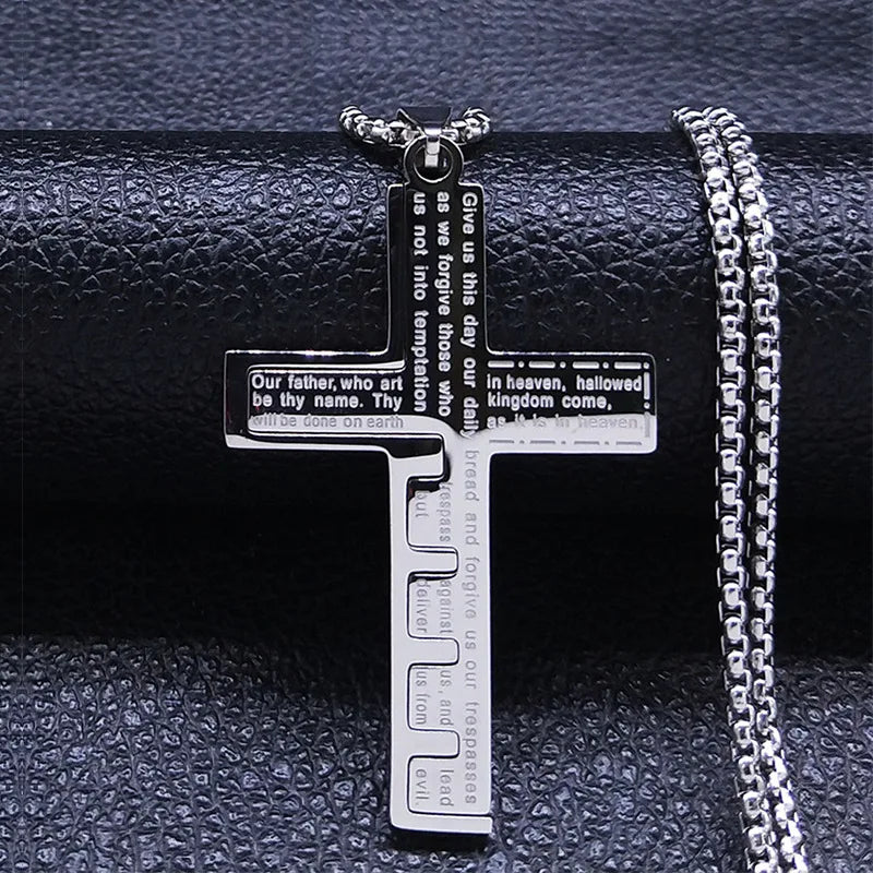 HNSP Stainless Steel Bible Cross Pendant Chain Necklace For Men Jewelry Catholic Crucifixes Rosaries Accessories Male