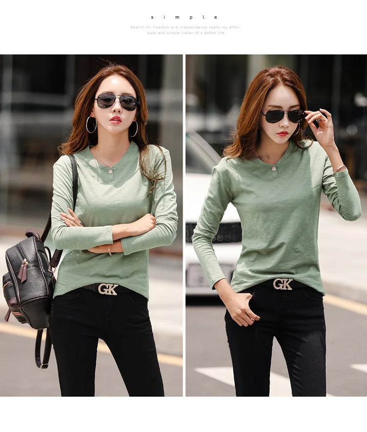 2024 Long Sleeve Spring Women Slub Cotton T Shirts Female Button Green V-Neck Solid Color T-shirt Coffee Korean Soft Loose Tops