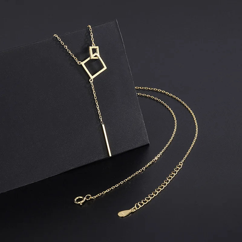 925 Sterling Silver Geometric Square Necklace with Straight Tassel Long Collar Chain Neckchain Sweater Chain Wedding Jewelry