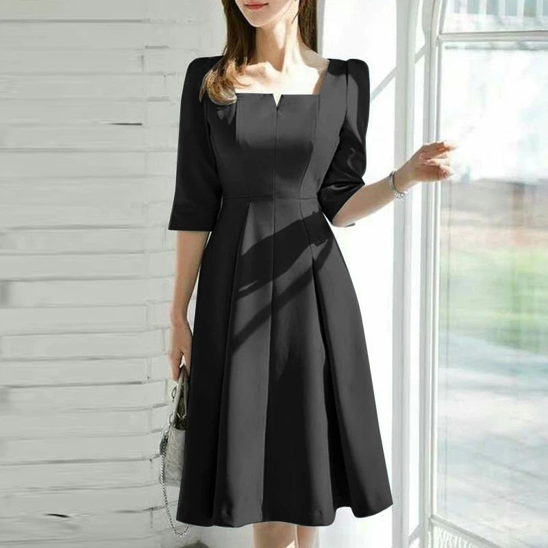 ZANZEA Fashion Summer Dress Women Half Sleeve Square Collar Sundress Elegant Party Vestido Casual Solid OL Work Dresses Robe