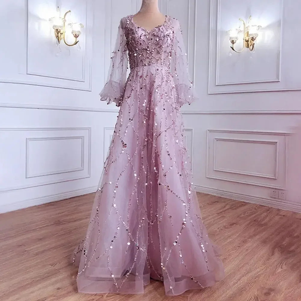 Women's Elegant Cocktail Party Dress Sequins Mesh Evening Dress Long Lantern Sleeve V-Neck Floor Length Luxury dresses