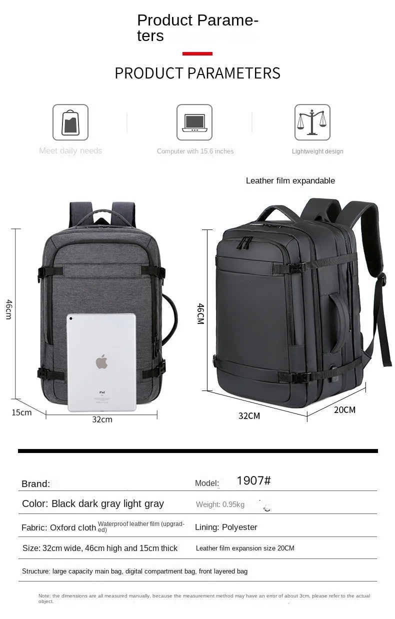 40LExpandable USB Travel Backpack, Flight Approved Carry on Bags for Airplanes,Water Resistant Durable 17-inch backpack men