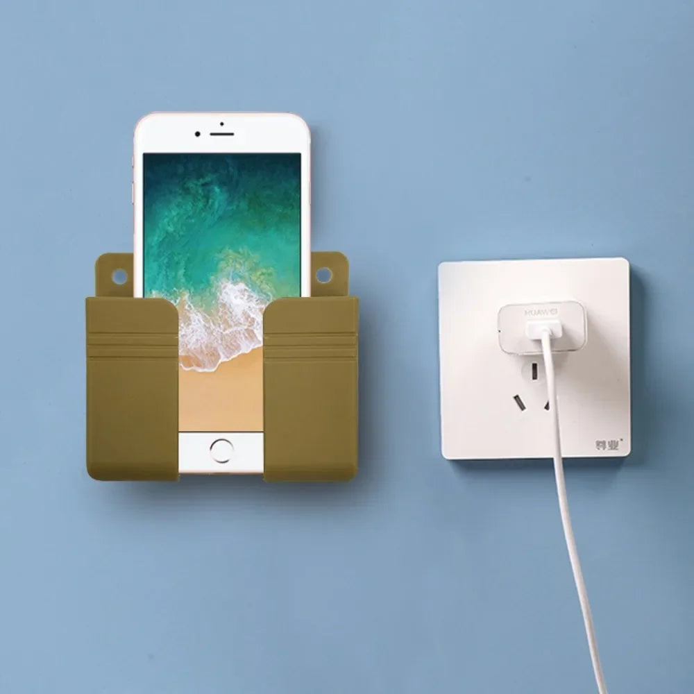 Wall Mounted Phone Holder for IPhone Punch Free Wall Mobile Phone Charging Stand Lazy Sticky Remote Control Storage Box Bracket