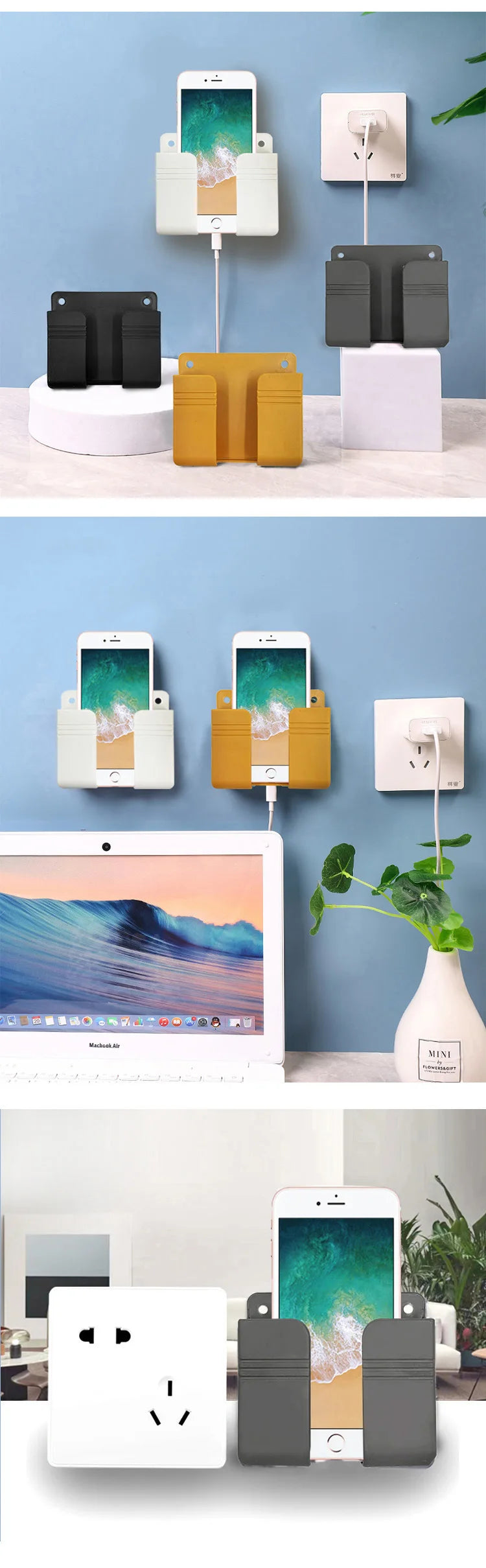 Wall Mounted Phone Holder for IPhone Punch Free Wall Mobile Phone Charging Stand Lazy Sticky Remote Control Storage Box Bracket