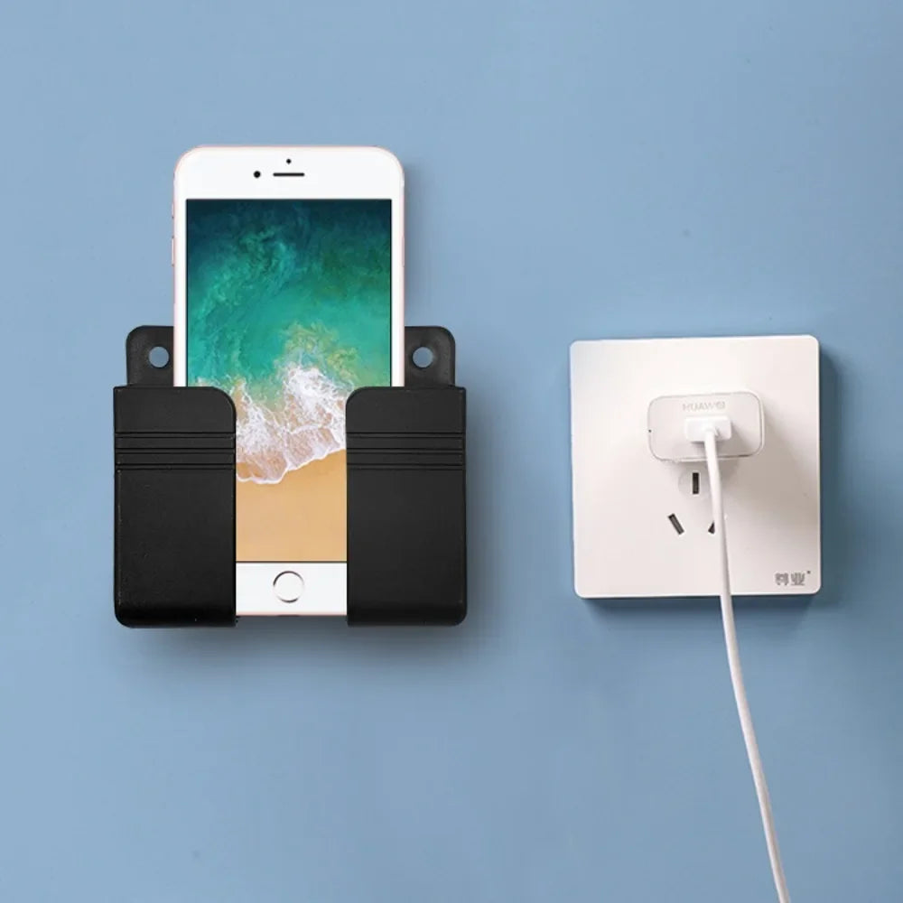 Wall Mounted Phone Holder for IPhone Punch Free Wall Mobile Phone Charging Stand Lazy Sticky Remote Control Storage Box Bracket