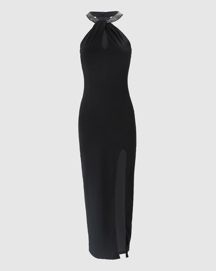 Sexy Women Dresses Rhinestone Decor Elegant Fashion Multi-Strap High Slit O-Neck Sleeveless Maxi Skinny Party Dress 2022 Summer