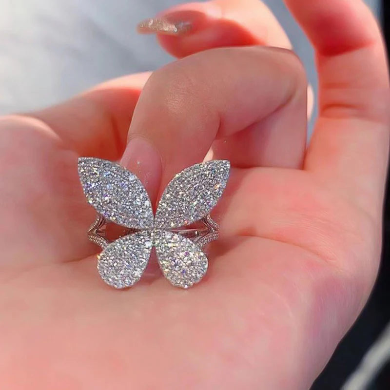 Huitan Bling Bling CZ Butterfly Rings for Women Silver Color Aesthetic Accessories Wedding Party Luxury Trendy Female Jewelry
