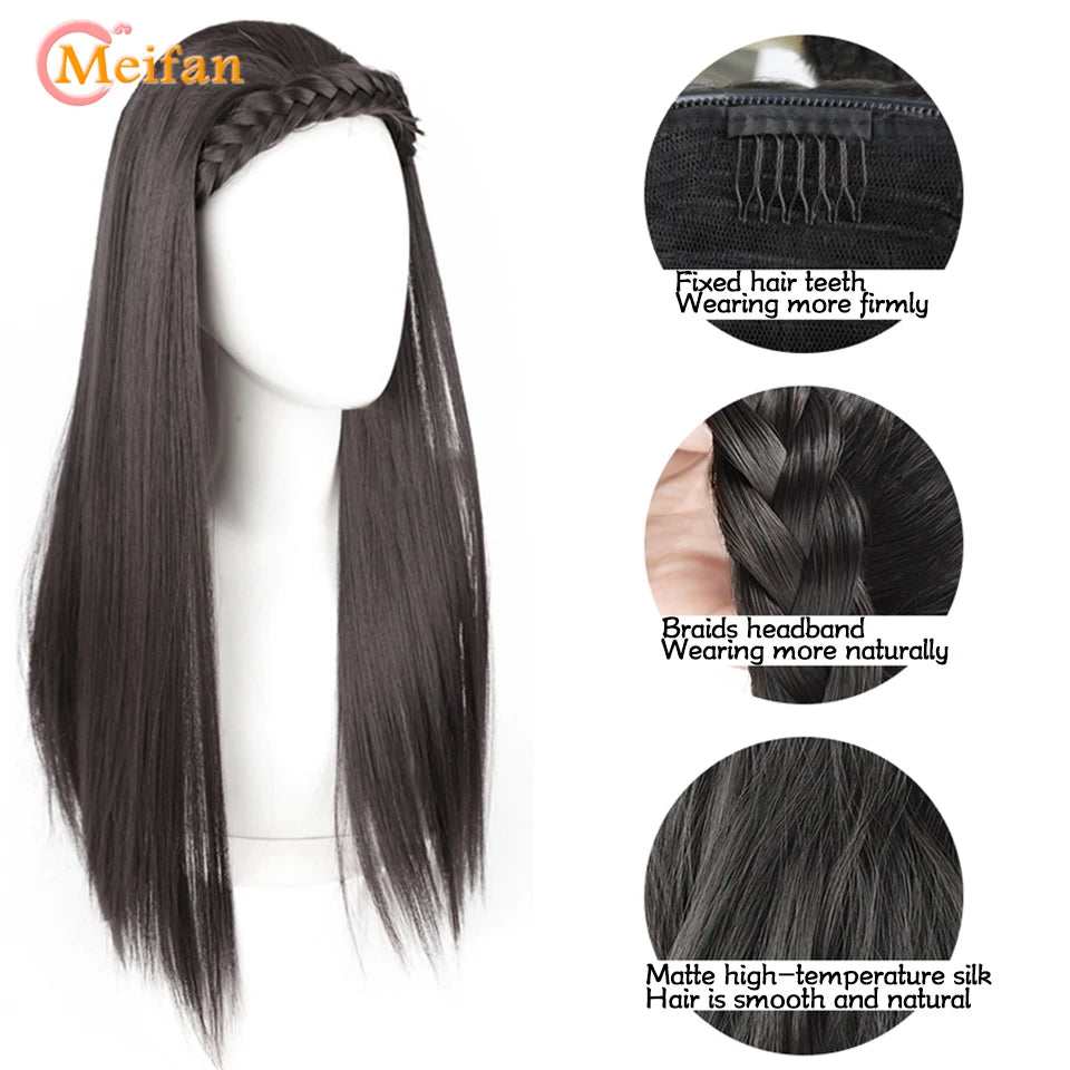 MEIFAN Long Wavy Curly U-shaped With HairBand Synthetic Natural Fake Hairpiece Black Brown Fluffy Half Wig Extension for Women