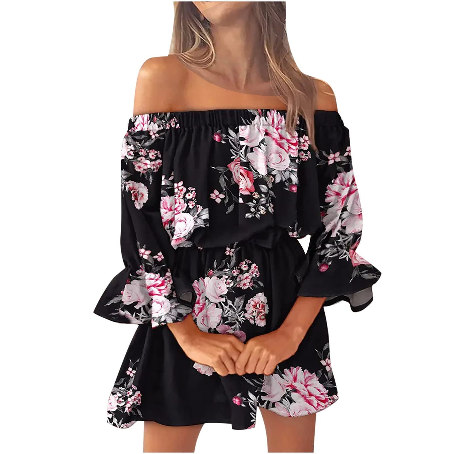Boho Dresses for Women 2023 Summer Sexy Off Shoulder Floral Print Flare Sleeve Tunic Dress Women Casual Mini Sundress Vestido