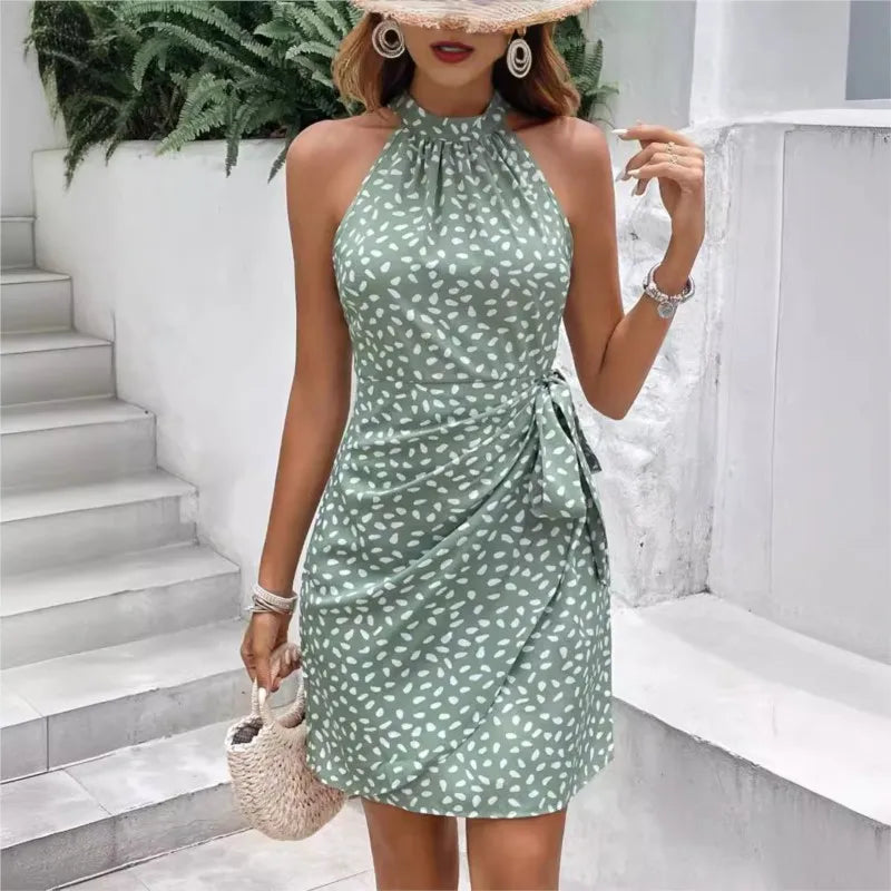 Women's Summer Fashion Hanging Neck Zipper Sleeveless Floral Pleated Short Dress Sexy Off Shoulder Lace-Up Mini Dress Vestidos